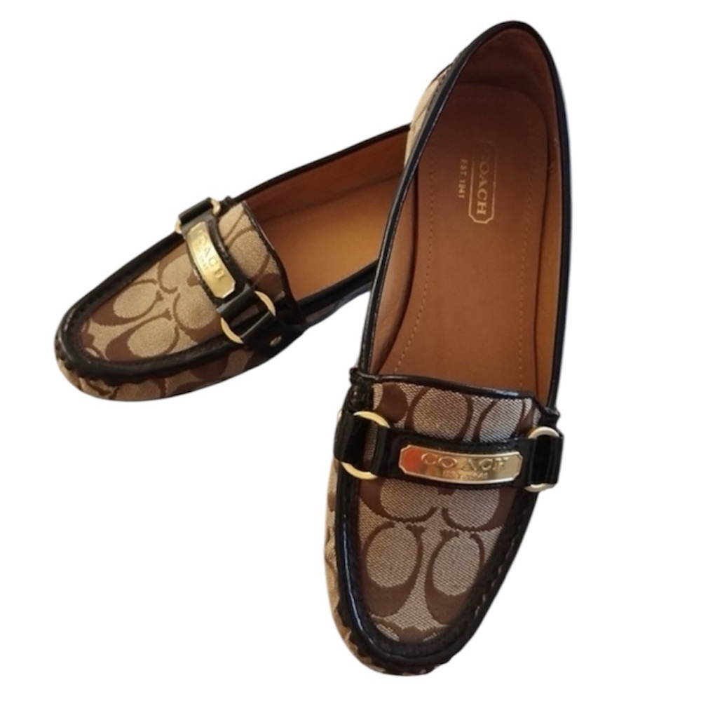 Coach Felisha Signature C Loafers Fabric Patent Leather Tan Black Size 8.5